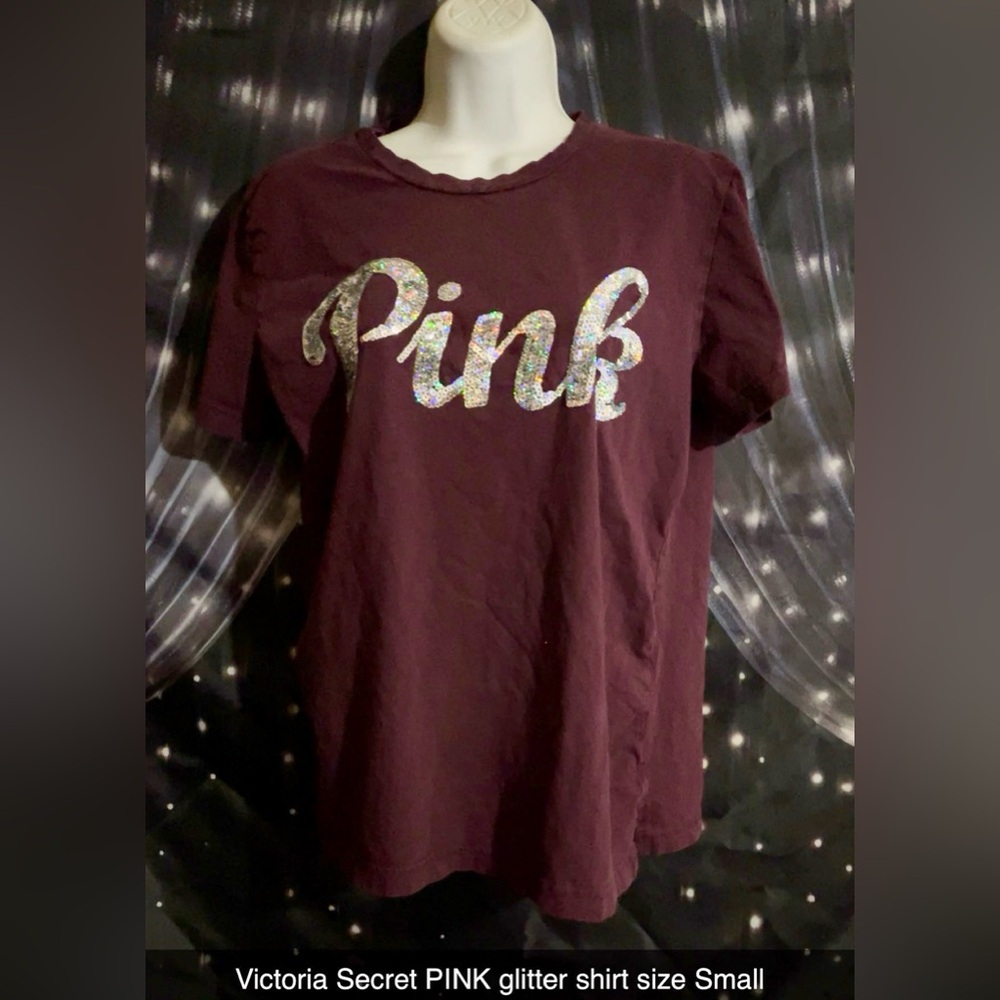 Victoria Secret PINK Maroon T-Shirt with Sequin Glitter Logo